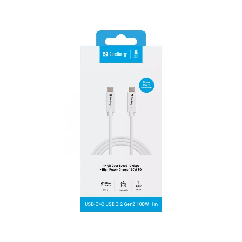 Sandberg USB-CC USB 3.2 Gen2 100W, 1M, 1 m, USB C, USB C, USB 3.2 Gen 2 (3.1 Gen 2), 10 Gbit/s, Balta