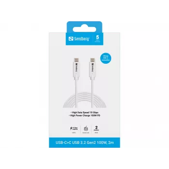 Sandberg USB-C>C USB 3.1 G2 100W 2M kabelis balts