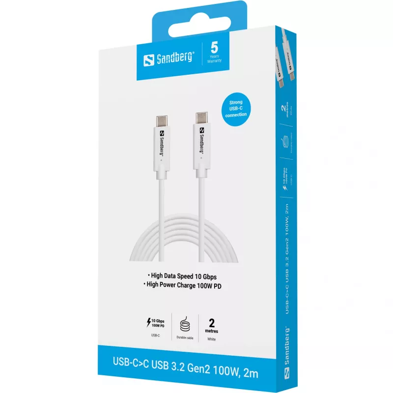 Sandberg USB-C>C USB 3.1 G2 100W 2M kabelis balts