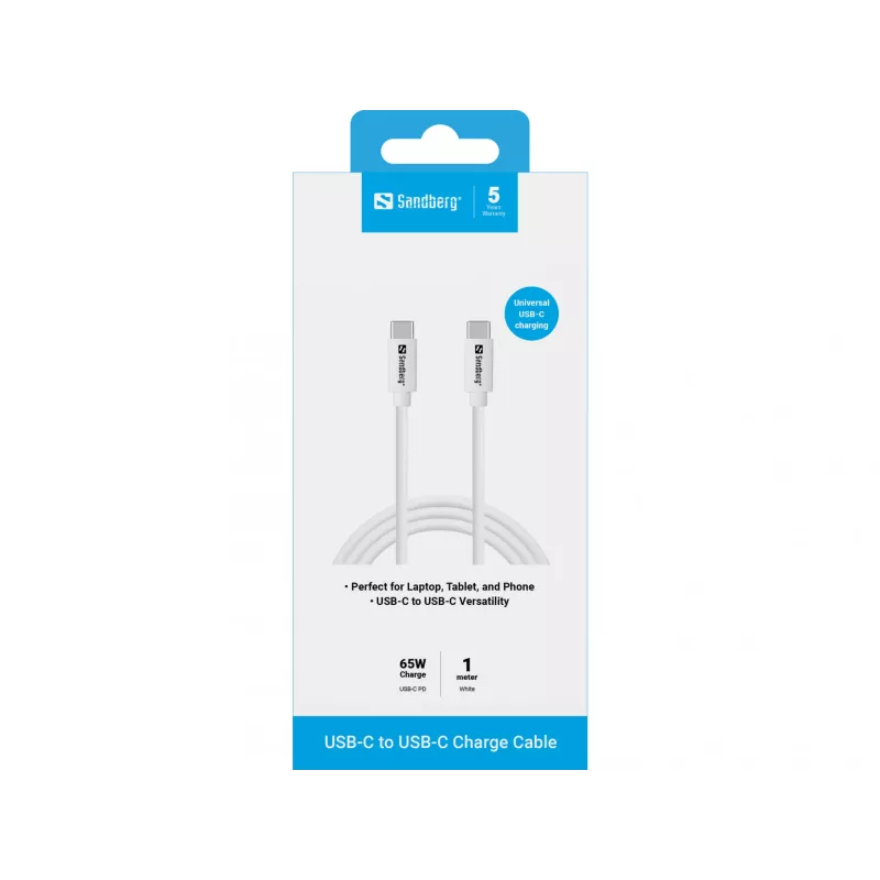 Sandberg USB-C uzlādes kabelis 1 m, 65 W, 1 m, USB C, USB C, USB 3.2 Gen 1 (3.1 Gen 1), Balts