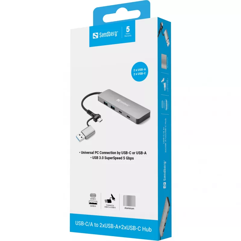 Sandberg USB-C/A uz 2xUSB-A+2xUSB-C centrmezgls