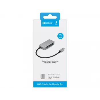 Sandberg USB-C vairāku karšu lasītājs Pro, CF, MMC, MicroSD (TransFlash), SD, SDHC, SDXC, xD, melns, USB 3.2 Gen 1 (3.1 Gen 1) Type-C, 1 gab., 82 mm, 23 mm