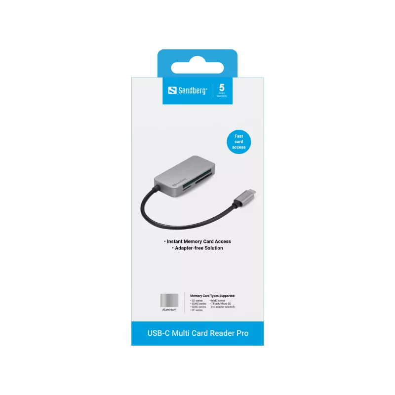 Sandberg USB-C vairāku karšu lasītājs Pro, CF, MMC, MicroSD (TransFlash), SD, SDHC, SDXC, xD, melns, USB 3.2 Gen 1 (3.1 Gen 1) Type-C, 1 gab., 82 mm, 23 mm