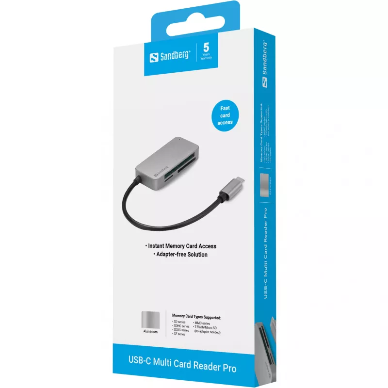 Sandberg USB-C vairāku karšu lasītājs Pro, CF, MMC, MicroSD (TransFlash), SD, SDHC, SDXC, xD, melns, USB 3.2 Gen 1 (3.1 Gen 1) Type-C, 1 gab., 82 mm, 23 mm