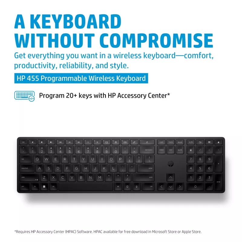 HP 455 Programmējama Bezvadu Tastatūra, Pilna izmēra (100%), Bezvadu, RF Bezvadu, Membrāna, Melna