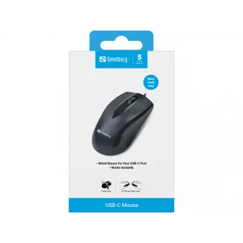 Sandberg USB-C pele, piemērota abām rokām, optiskā, USB Type-C, 1200 DPI, melna