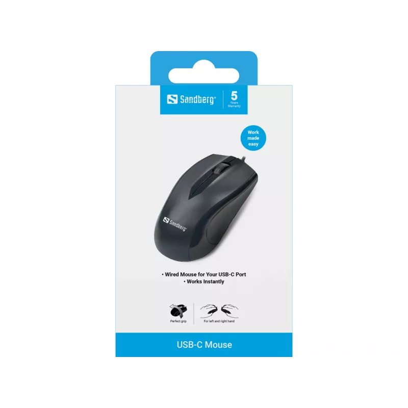 Sandberg USB-C pele, piemērota abām rokām, optiskā, USB Type-C, 1200 DPI, melna