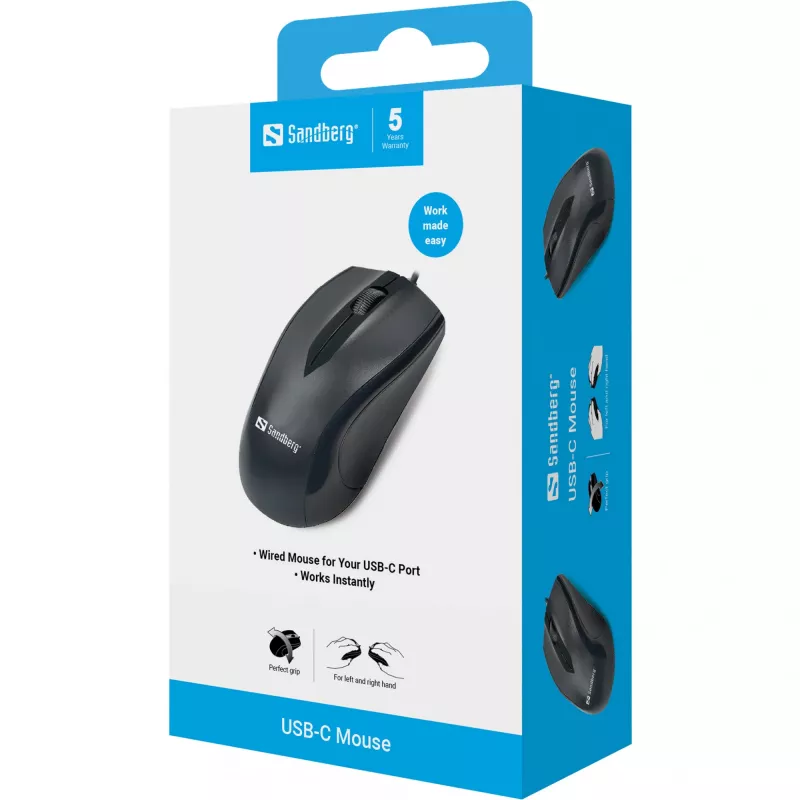 Sandberg USB-C pele, piemērota abām rokām, optiskā, USB Type-C, 1200 DPI, melna