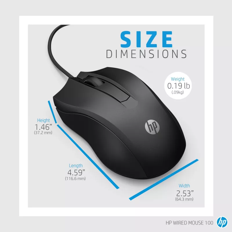 HP vadu pele 100, piemērota abām rokām, optiska, USB Type-A, 1600 DPI, melna