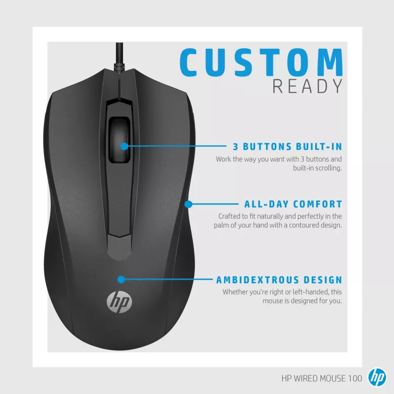 HP vadu pele 100, piemērota abām rokām, optiska, USB Type-A, 1600 DPI, melna