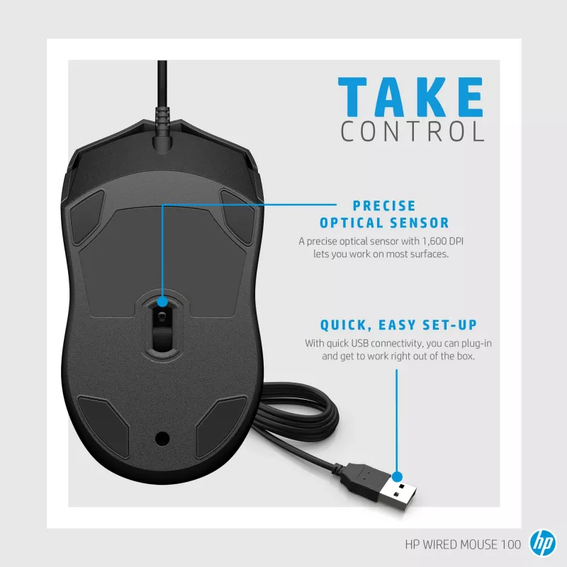 HP vadu pele 100, piemērota abām rokām, optiska, USB Type-A, 1600 DPI, melna