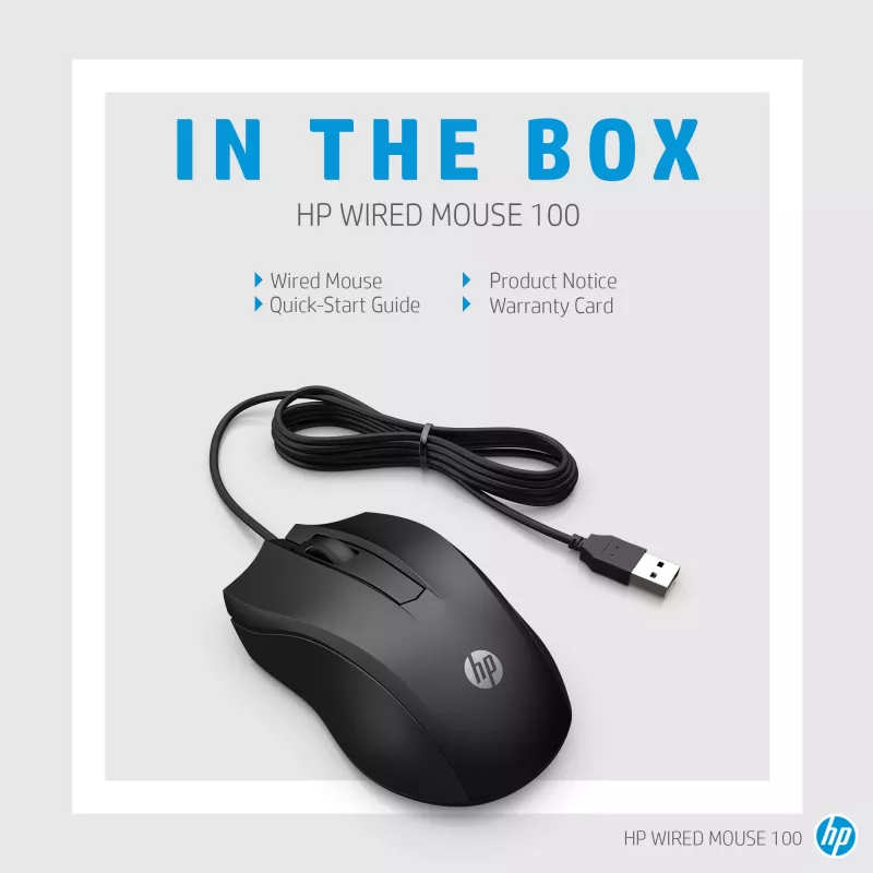 HP vadu pele 100, piemērota abām rokām, optiska, USB Type-A, 1600 DPI, melna