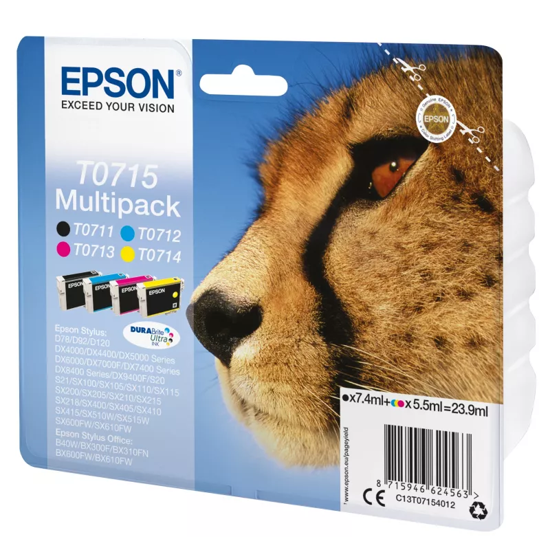 Epson Multipack 4-krāsu T0715 DURABrite Ultra tinte, melna, zila, fuksīna, dzeltena, 7,4 ml, 5,5 ml, 1 gab., komplekts