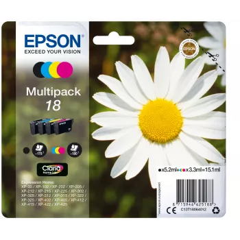 Epson Daisy Multipack 4-krāsu 18 Claria Home tinte, melna, ciāna, fuksīna, dzeltena, 5,2 ml, 3,3 ml, 1 gab., 175 lapas, vairāku paku komplekts