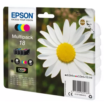 Epson Daisy Multipack 4-krāsu 18 Claria Home tinte, melna, ciāna, fuksīna, dzeltena, 5,2 ml, 3,3 ml, 1 gab., 175 lapas, vairāku paku komplekts