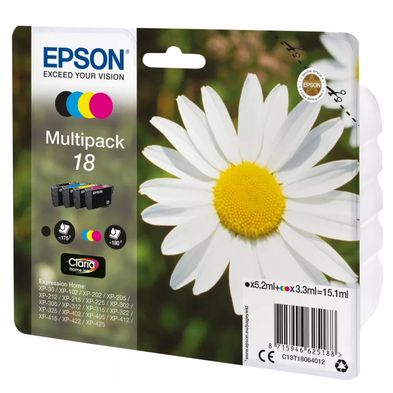 Epson Daisy Multipack 4-krāsu 18 Claria Home tinte, melna, ciāna, fuksīna, dzeltena, 5,2 ml, 3,3 ml, 1 gab., 175 lapas, vairāku paku komplekts