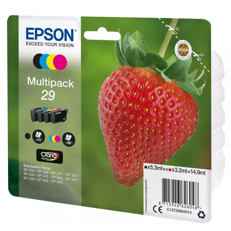 Epson Strawberry Multipack 4-colours 29 Claria Home Ink, Melns, ciāna, fuksīna, dzeltena, 5.3 ml, 3.2 ml, 1 gab., 175 lapas, Multi pack