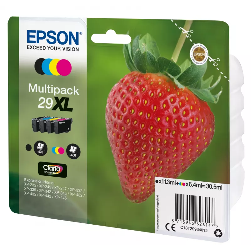Epson Strawberry Multipack 4-colours 29XL Claria Home Ink, Melns, ciāna, fuksīna, dzeltena, 11.3 ml, 6.4 ml, 1 gab., 470 lapas, Multi pack