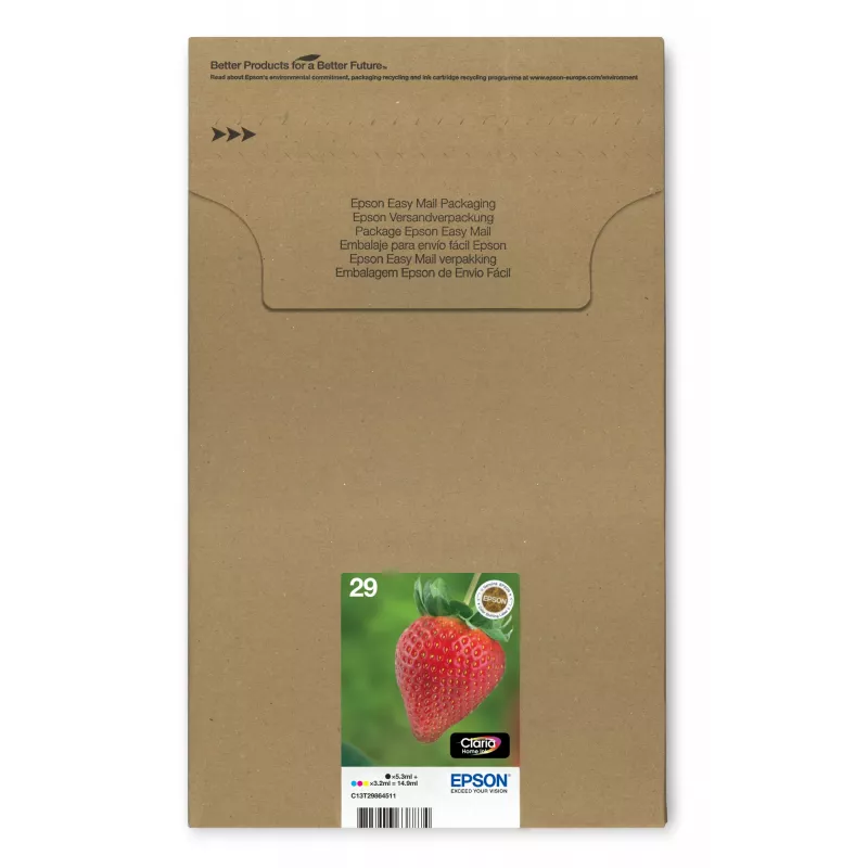 Epson Strawberry Multipack 4-krāsu 29 EasyMail, standarta ietilpība, melna, ciāna, fuksīna, dzeltena, 5,3 ml, 3,2 ml, 1 gab., daudzkrāsu iepakojums