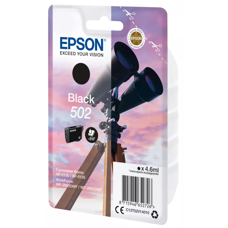Epson Singlepack Melns 502 tinte, standarta ietilpība, melna, uz pigmenta bāzes, 4,6 ml, 1 gab., 210 lapas