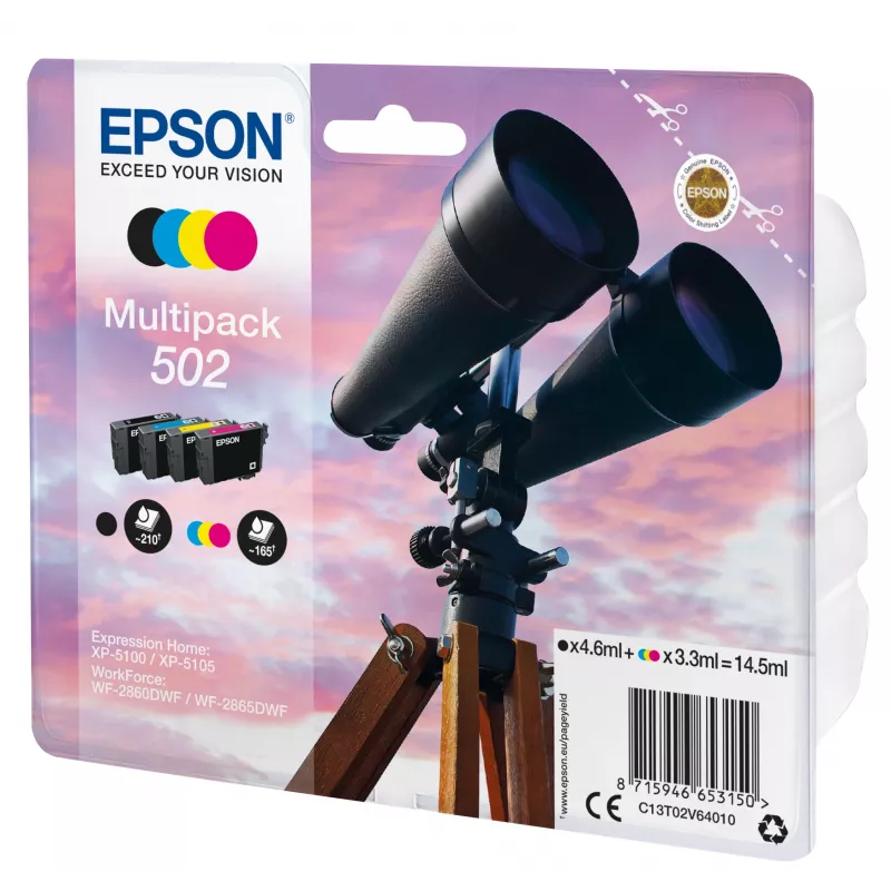 Epson Multipack 4-colours 502 Ink, Standard Yield, Melns, ciāna, fuksīna, dzeltena, 4.6 ml, 3.3 ml, 1 gab., 210 lapas