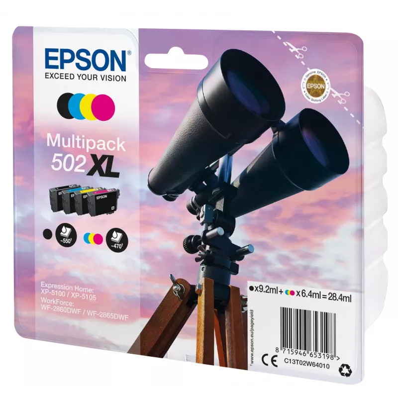 Epson Multipack 4-krāsu 502XL tintes, augstas (XL) ietilpības, melna, ciāna, fuksīna, dzeltena, uz pigmenta bāzes veidota tinte, uz krāsvielas bāzes veidota tinte, 9,2 ml, 6,4 ml