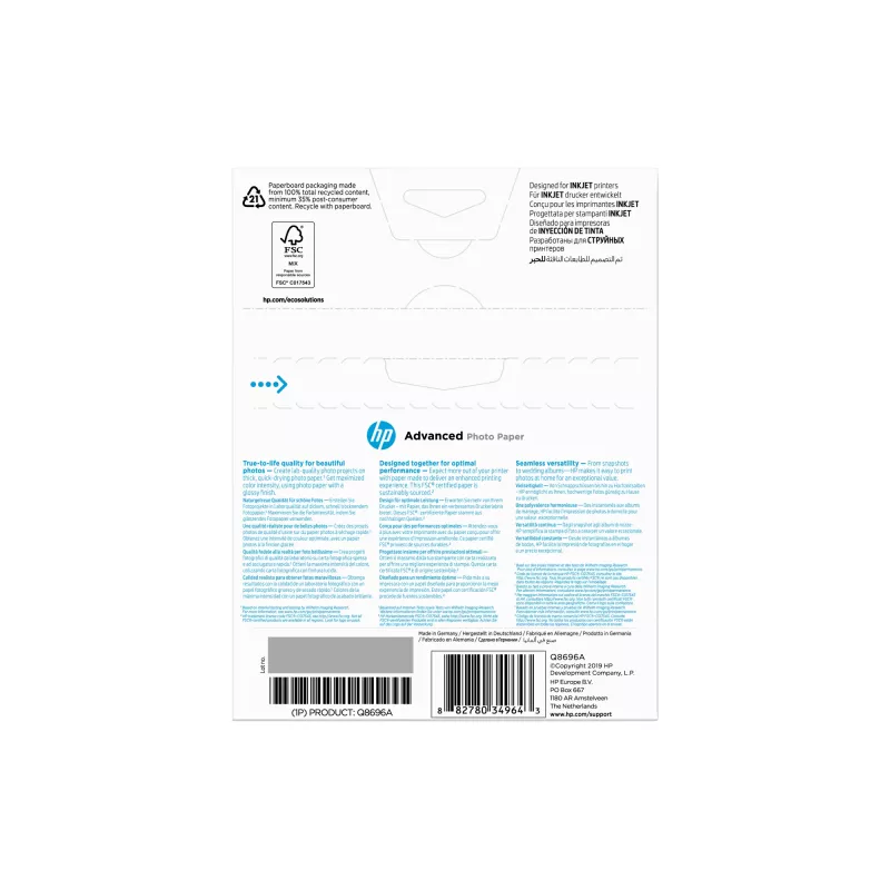 HP Advanced Photo Paper, Glossy, 250 g/m2, 13 x 18 cm (127 x 178 mm), 25 loksnes