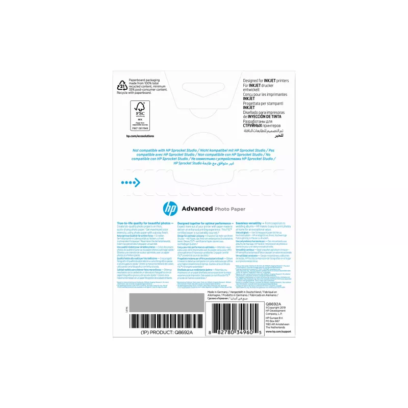 HP Advanced Photo Paper Glossy 250 g/m2 10 x 15 cm (101 x 152 mm) 100 loksnes