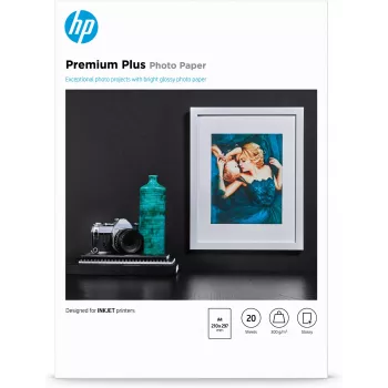 HP Premium Plus spīdīgs fotopapīrs-20 loksnes/A4/210 x 297 mm, spīdīgs, 300 g/m², lāzera/tintes drukai, 20 loksnes, biznesam, uzņēmumiem, 15 - 35 °C