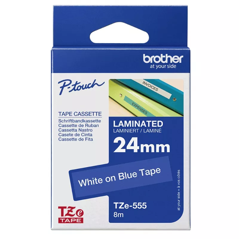 Brother laminēta lente 18 mm, melns uz zila, TZe, pelēka, termiskā pārnese, Filipīnas, 5 gadi