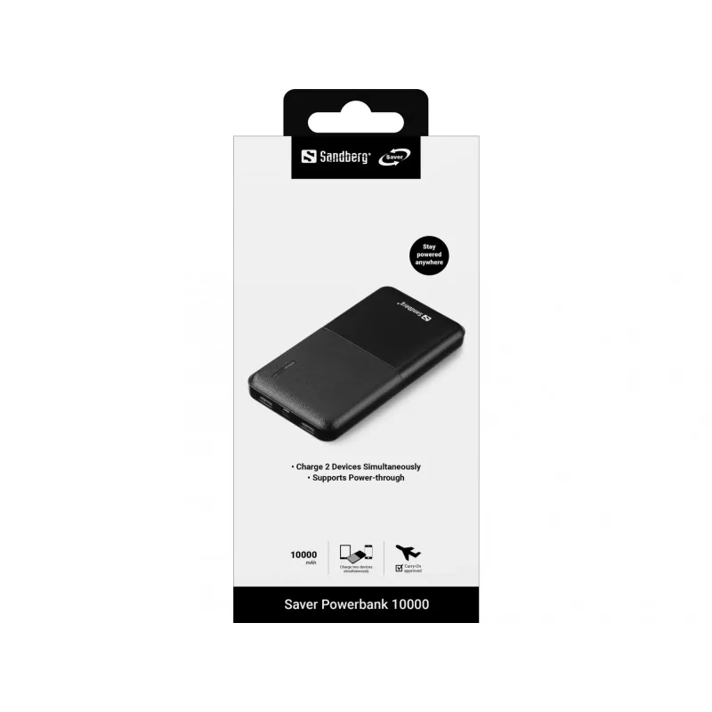 Sandberg Saver Powerbank 10000, 10000 mAh, litija polimēra (LiPo), melna