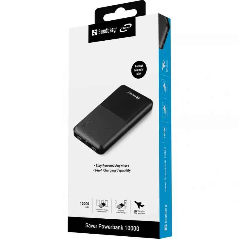 Sandberg Saver Powerbank 10000, 10000 mAh, litija polimēra (LiPo), melna
