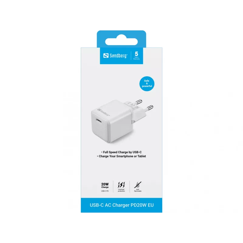 Sandberg USB-C maiņstrāvas lādētājs PD20W ES, iekštelpām, maiņstrāva, 5 V, 3 A, balts