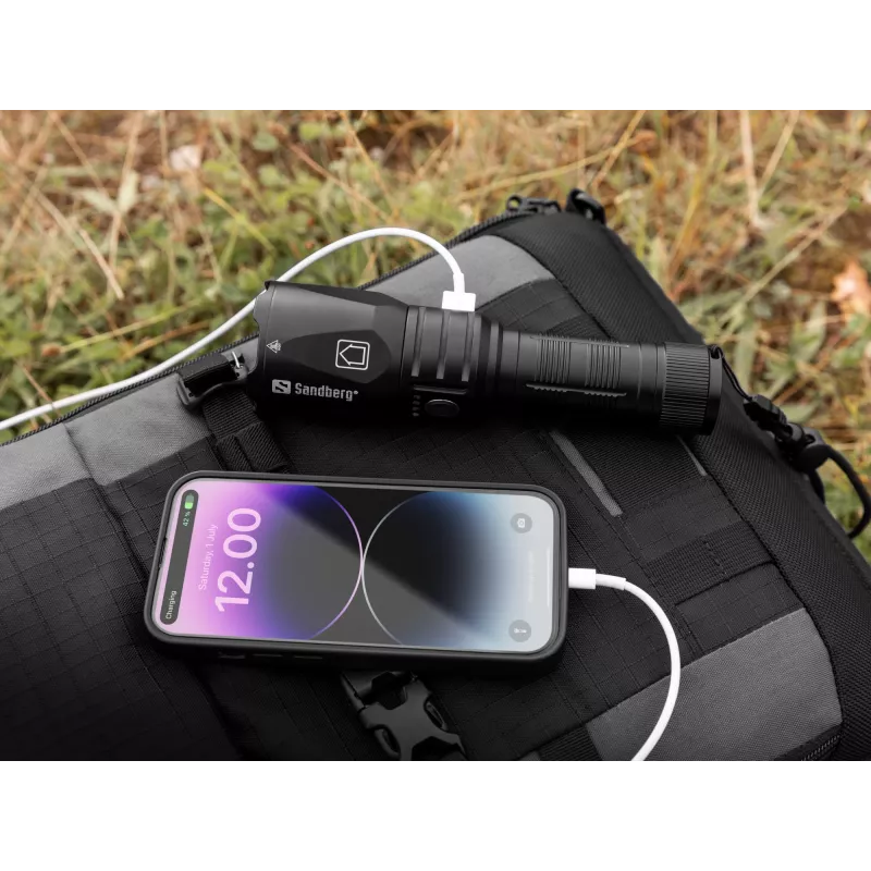 Sandberg Survivor Torch Powerbank 5000, rokas lukturis, melns, alumīnijs, IPX4, -30 - 40 °C, FCC, RoHS, UKCA, CE