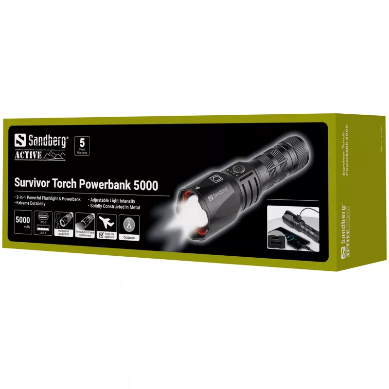 Sandberg Survivor Torch Powerbank 5000, rokas lukturis, melns, alumīnijs, IPX4, -30 - 40 °C, FCC, RoHS, UKCA, CE