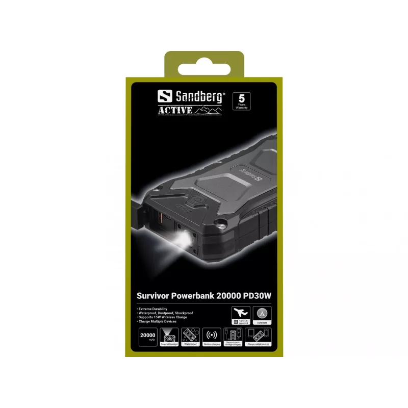 Sandberg Survivor Powerbank 20000 PD30W, 20000 mAh, Bezvadu uzlāde, Melns