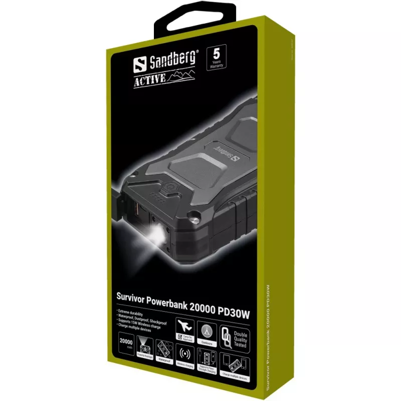 Sandberg Survivor Powerbank 20000 PD30W, 20000 mAh, Bezvadu uzlāde, Melns