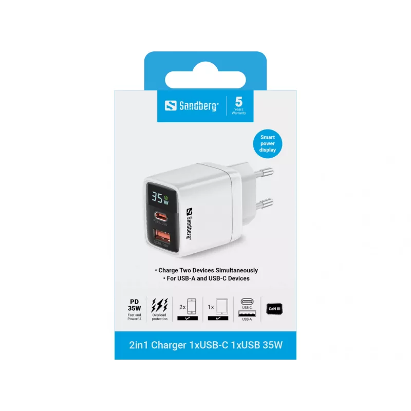 Lādētājs Sandberg 2in1 1xUSB-C 1xUSB 35W Iekštelpu maiņstrāvas Universāls