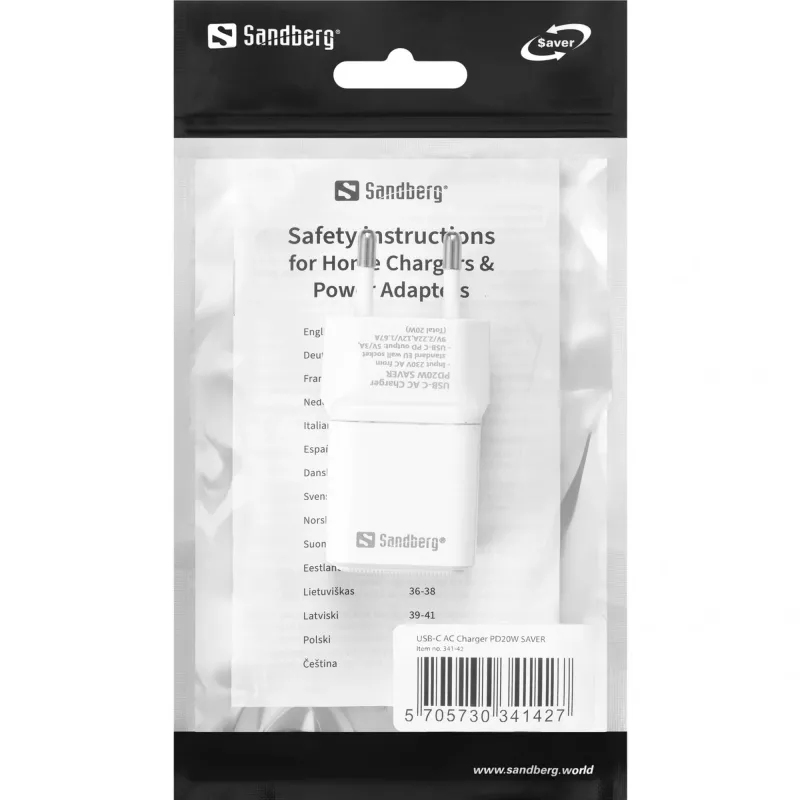 Sandberg USB-C maiņstrāvas lādētājs PD20W SAVER, iekštelpām, maiņstrāva, 12 V, 3 A, balts
