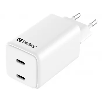 Sandberg AC lādētājs Dual USB-C PD65W ES, iekštelpām, maiņstrāva, 20 V, 3,25 A, balts