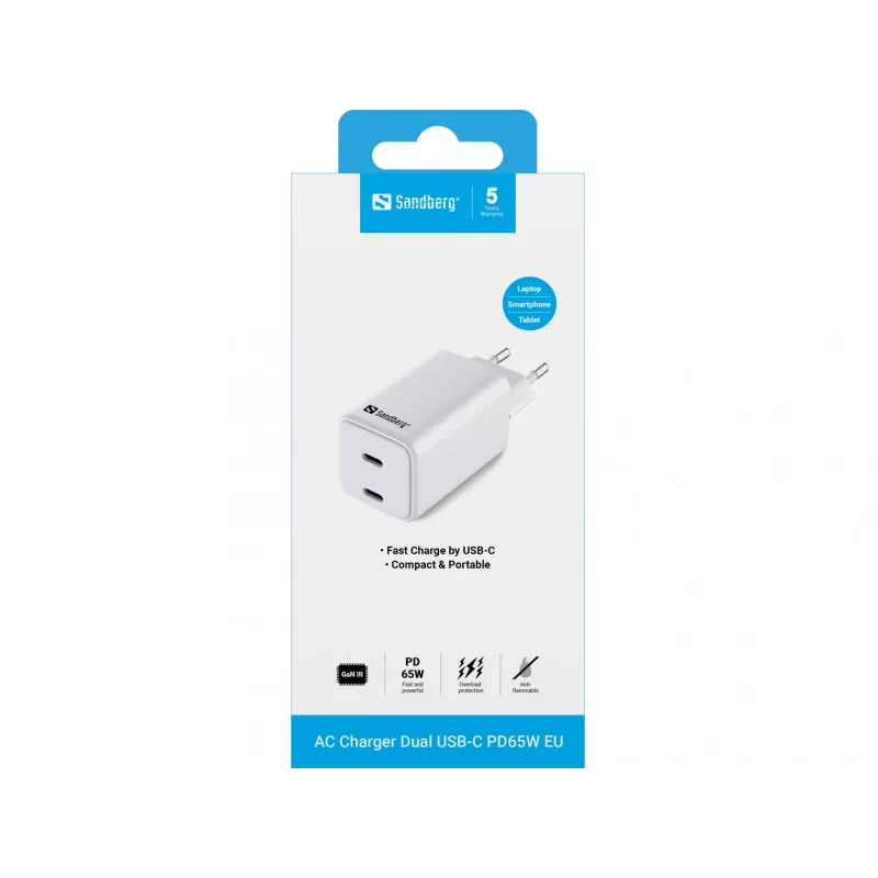 Sandberg AC lādētājs Dual USB-C PD65W ES, iekštelpām, maiņstrāva, 20 V, 3,25 A, balts
