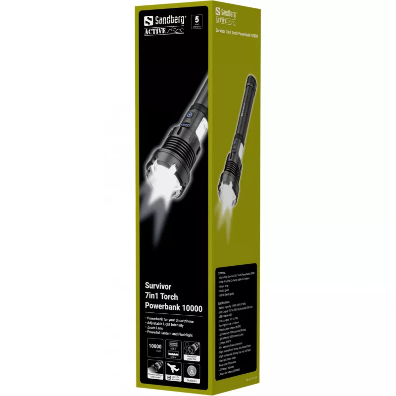 Sandberg Survivor 7in1 lukturītis-powerbank 10000, rokas lukturītis, melns, alumīnijs, LED, 2 lampa(s), 500 lm