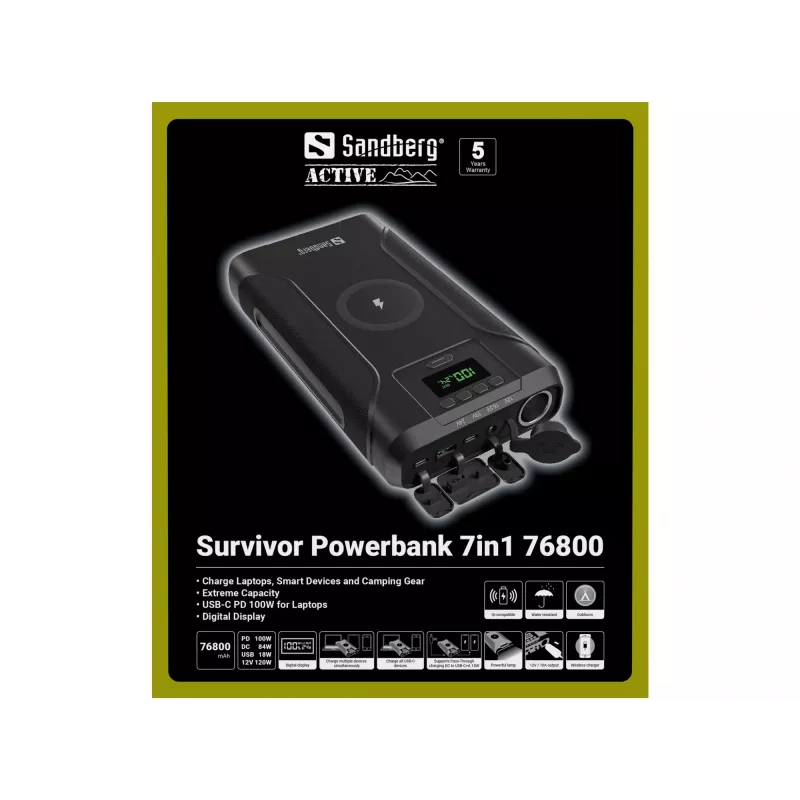 Sandberg Survivor Powerbank 7in1 76800, 76800 mAh, litija jonu (Li-Ion), bezvadu uzlāde, 3,6 V, melna