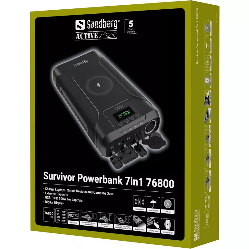 Sandberg Survivor Powerbank 7in1 76800, 76800 mAh, litija jonu (Li-Ion), bezvadu uzlāde, 3,6 V, melna