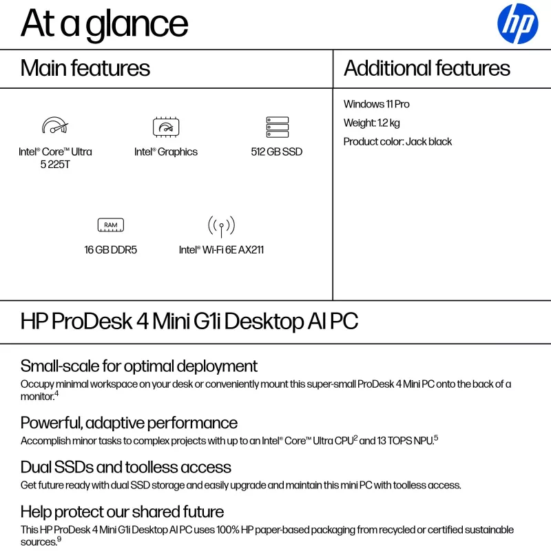 Mini dators HP ProDesk 4 Mini G1i Intel Core Ultra 5 225T 16GB 512GB SSD Intel Graphics Windows 11 Pro