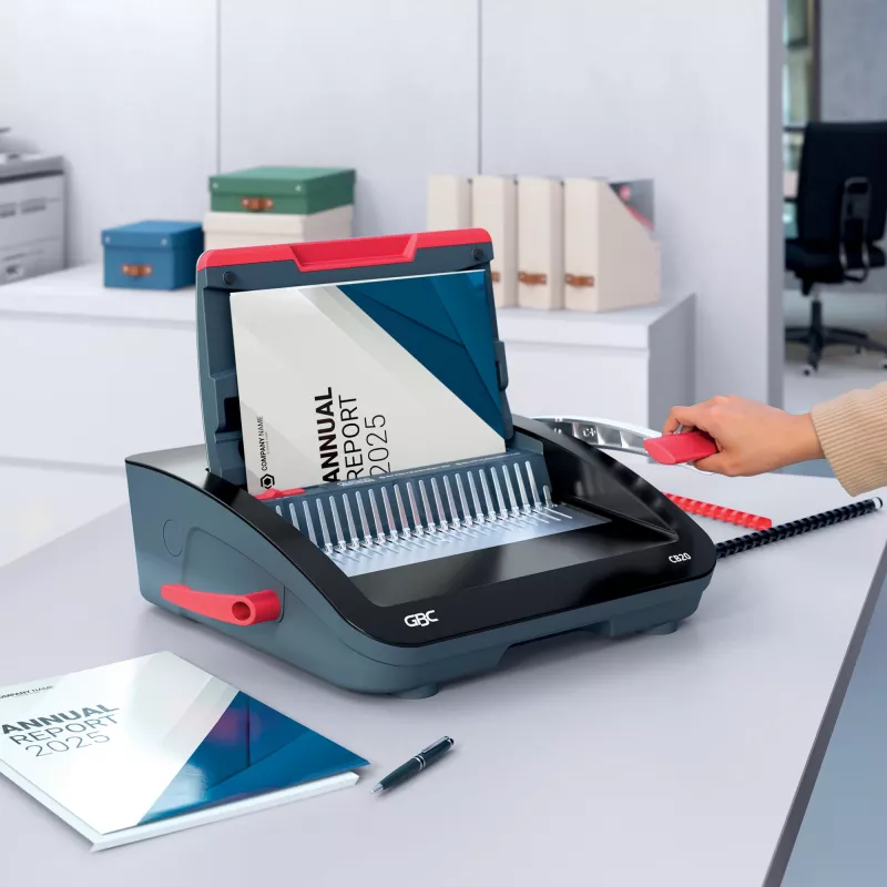GBC CombBind® CB20 manuālā iesiešanas iekārta, ķemmes iesiešanas iekārta, manuāla, 240 loksnes, melna, sarkana