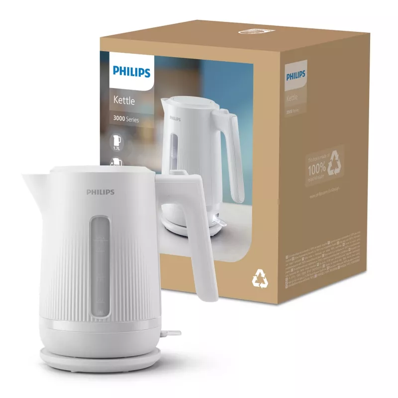 Philips 3000 sērijas tējkanna, 1.7 L, 2200 W, balta, plastmasa, pārkaršanas aizsardzība, bezvada