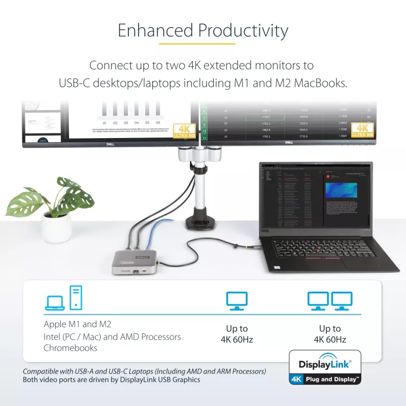 StarTech.com USB C dokstacija, divi 4K 60Hz HDMI saderīga ar Macbook Pro (M1/M2/M3/M4) un Windows, USB-A/USB-C 10Gbps centrmezgls, 100W strāvas piegāde, GbE, SD, 22 collu/56 cm kabelis