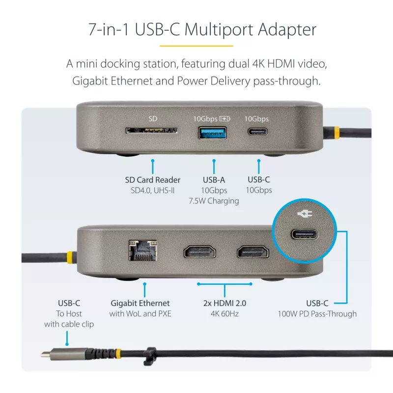 StarTech.com USB C dokstacija, divi 4K 60Hz HDMI saderīga ar Macbook Pro (M1/M2/M3/M4) un Windows, USB-A/USB-C 10Gbps centrmezgls, 100W strāvas piegāde, GbE, SD, 22 collu/56 cm kabelis