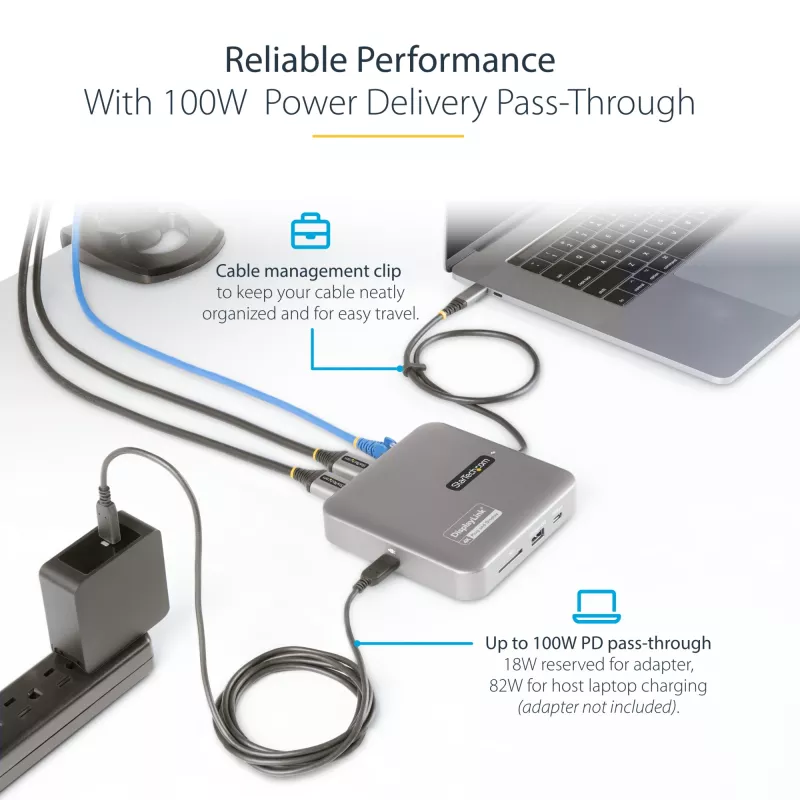 StarTech.com USB C dokstacija, divi 4K 60Hz HDMI saderīga ar Macbook Pro (M1/M2/M3/M4) un Windows, USB-A/USB-C 10Gbps centrmezgls, 100W strāvas piegāde, GbE, SD, 22 collu/56 cm kabelis